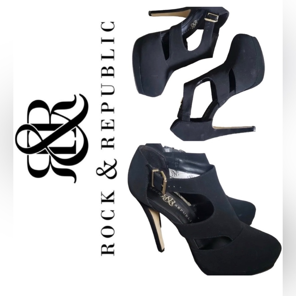Rock & Republic Ashby Stiletto Caged Style Platforms in Faux Black Suede 6